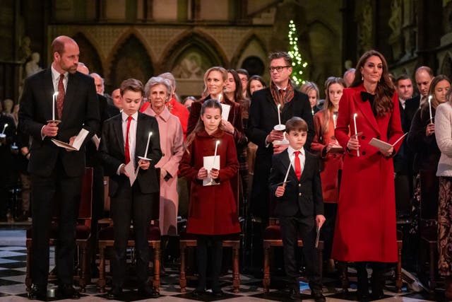 The Princess of Wales made a rare public appearance with her family at a Christmas carol concert as she makes a gradual return to public events after completing her cancer treatment (Aaron Chown/PA)