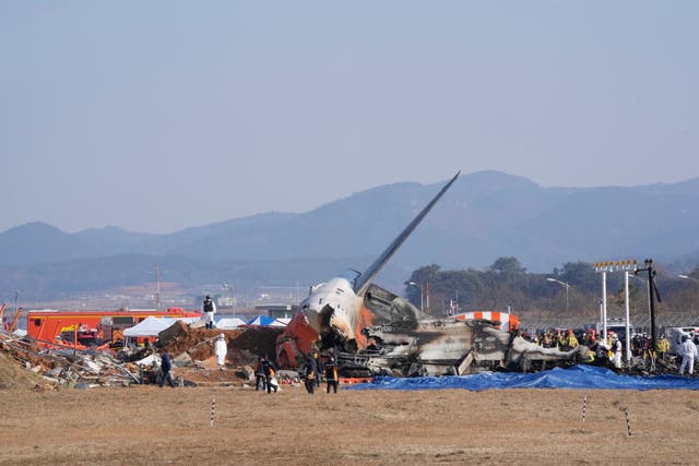 Firefighters and rescue team members work near the wreckage of the passenger plane at Muan International Airport (Ahn Young-joon/AP/PA)