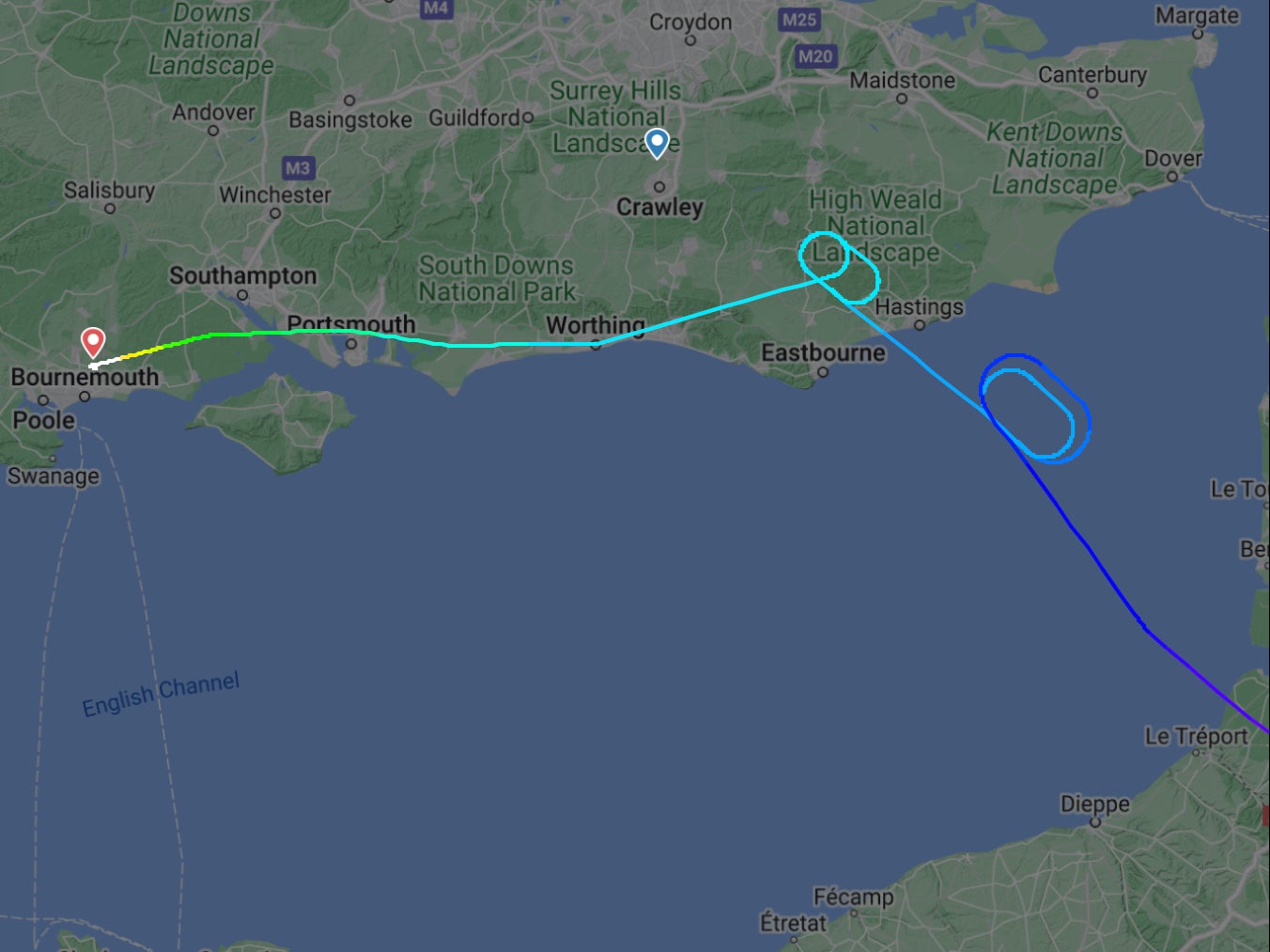 Circle game: Flightpath of an easyJet flight from Nice to Gatwick that was diverted to Bournemouth due to fog