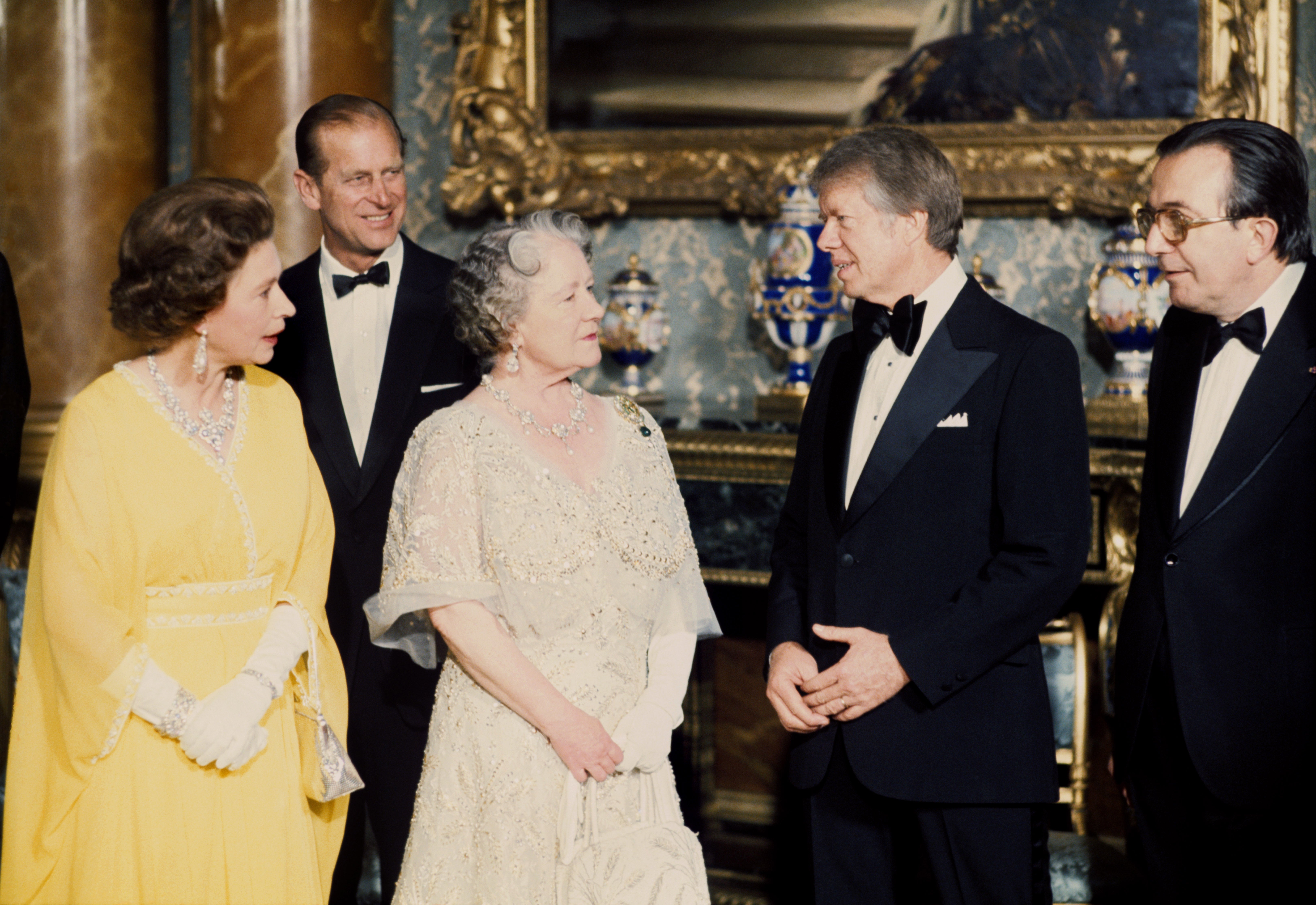 Queen Elizabeth II, the Duke of Edinburgh, Queen Elizabeth, the Queen Mother, US President Jimmy Carter and Italian Prime Minister Giulio Andreotti, in the Blue Drawing Room at Buckingham Palace