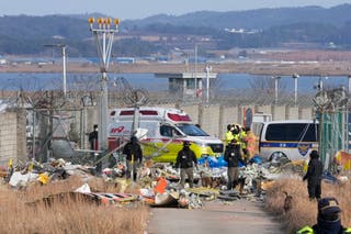 Police officers work with dogs near the site of a plane fire outside of Muan International Airport in Muan, South Korea