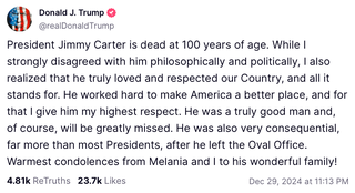 Donald Trump released a second statement about Jimmy Carter’s death on Sunday evening on Truth Social