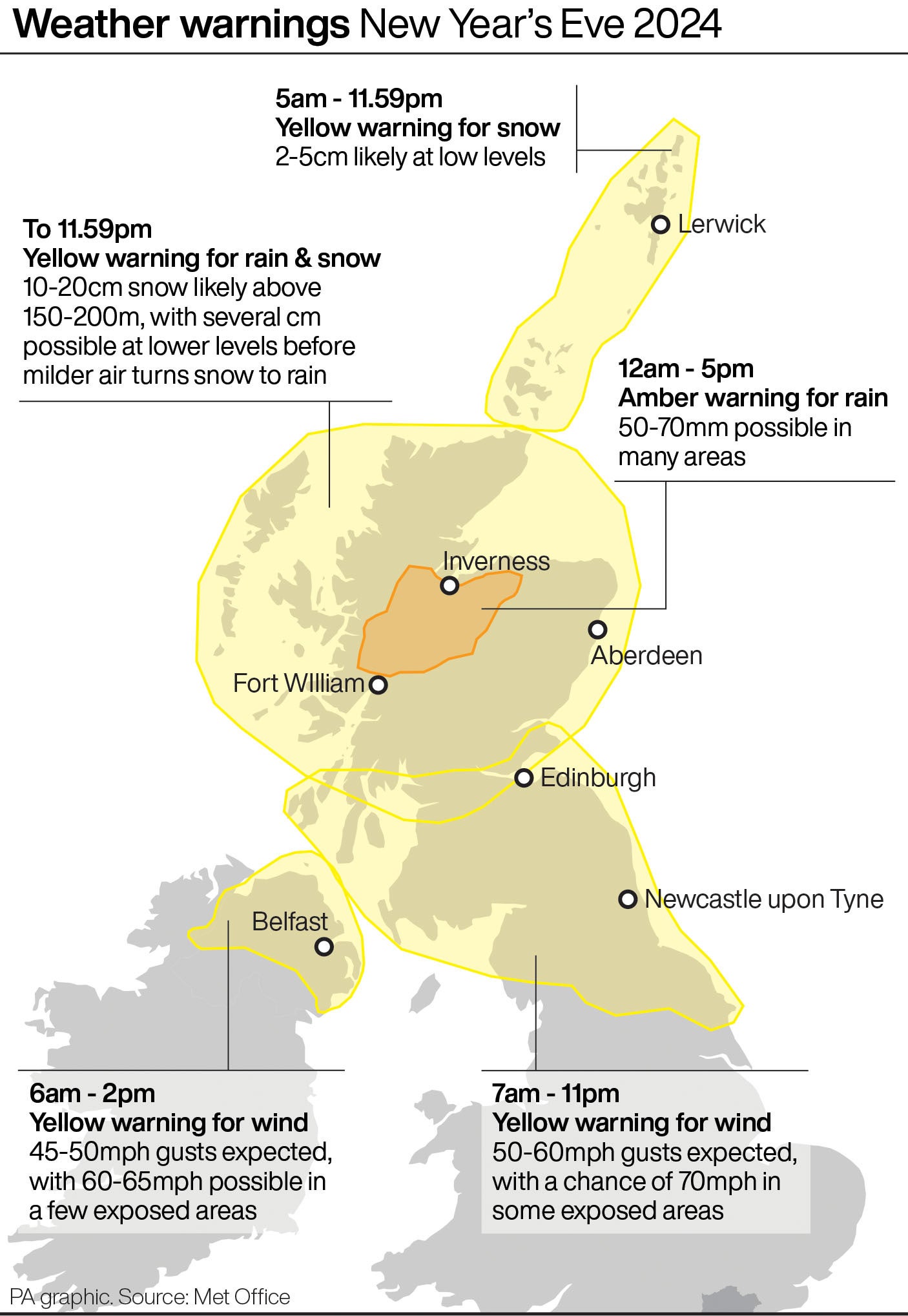 A map showing the weather warnings issued by the Met Office for New Year’s Eve