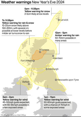 A map showing the weather warnings issued by the Met Office for New Year’s Eve