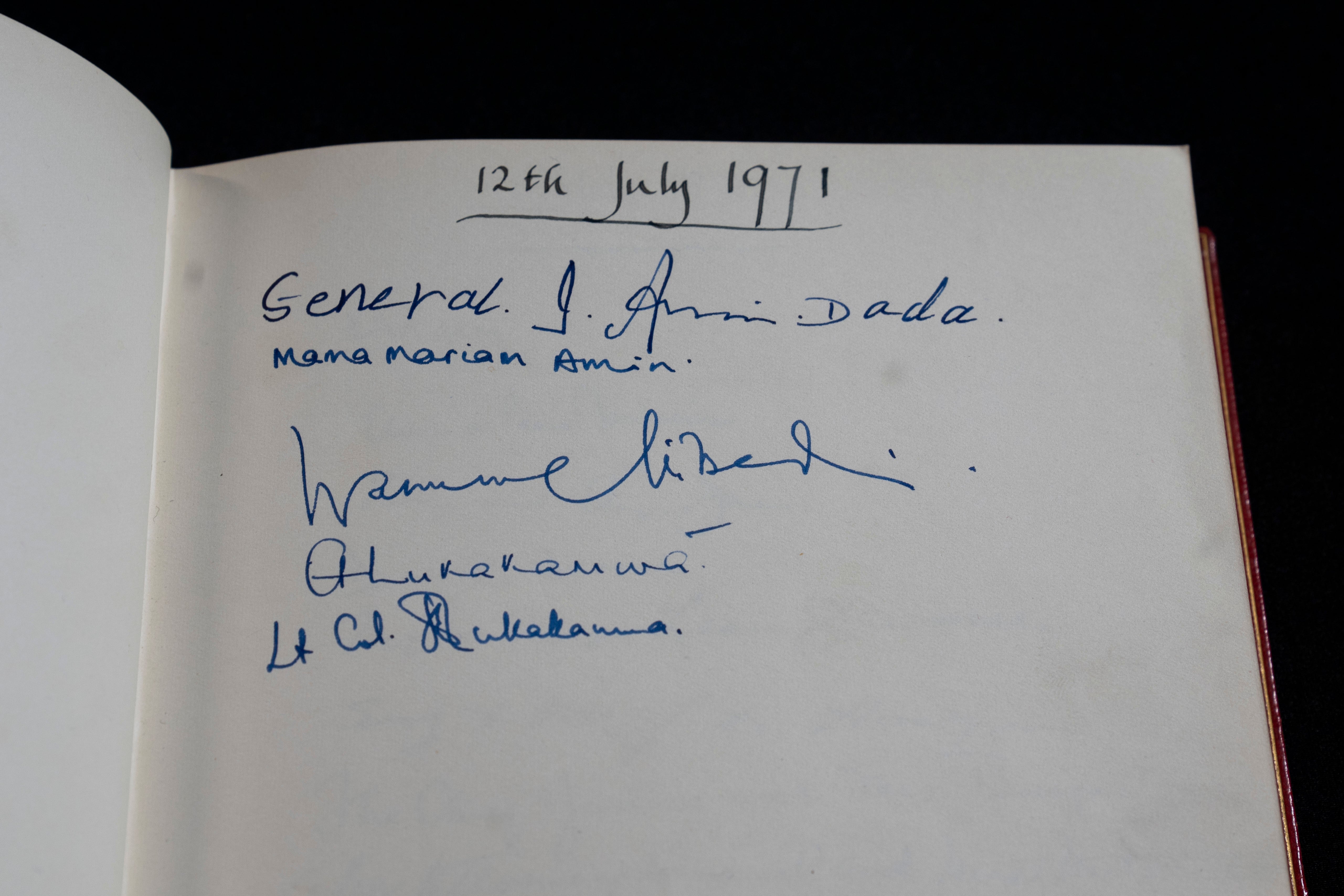 The signature of Ugandan dictator Idi Amin is seen in one of three Downing Street Visitors Books at the National Archives