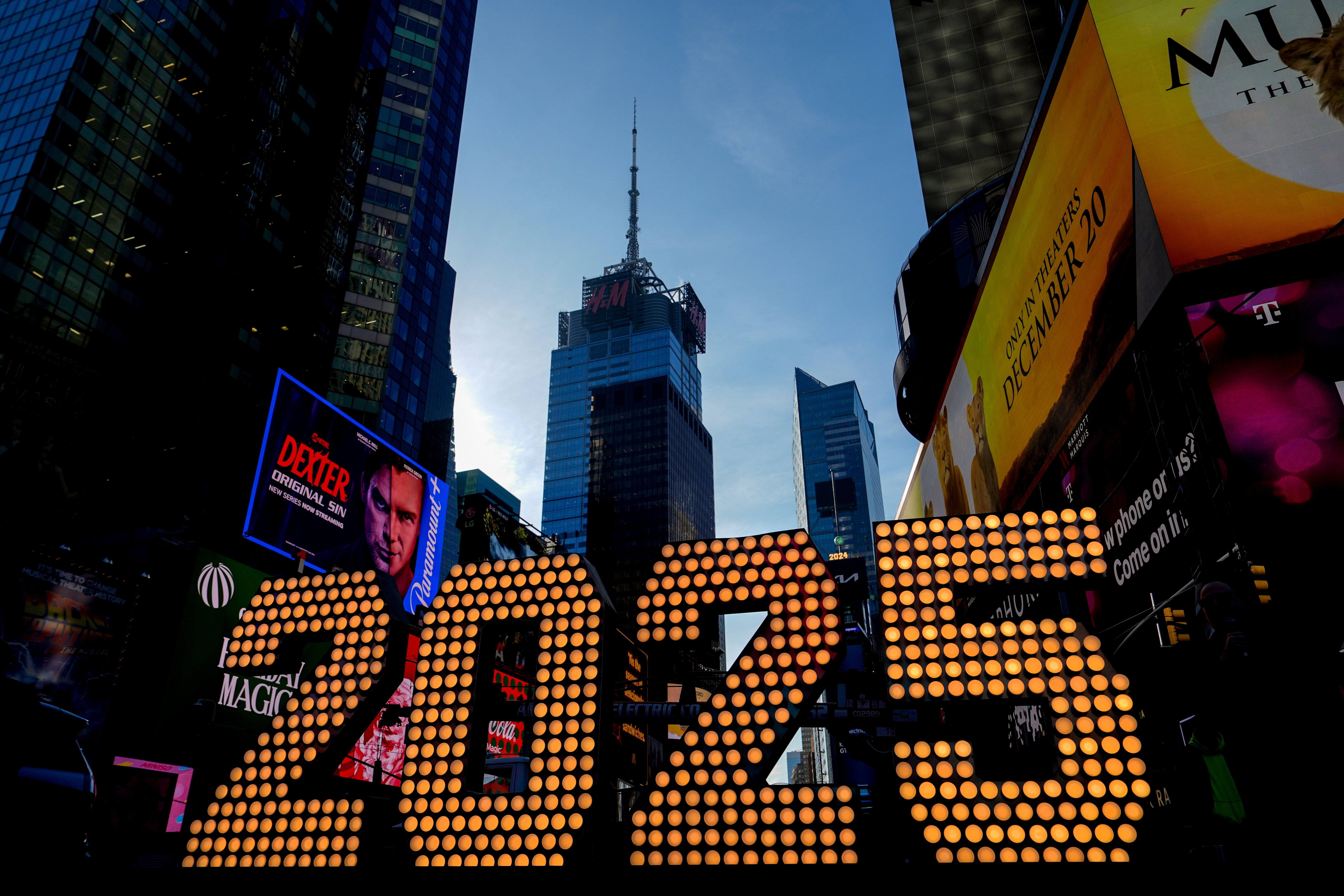 The 2025 New Year’s Eve numerals are displayed in Times Square earlier this month in New York City. Thunderstorms were also expected to impact neighboring New Jersey on New Year’s Eve