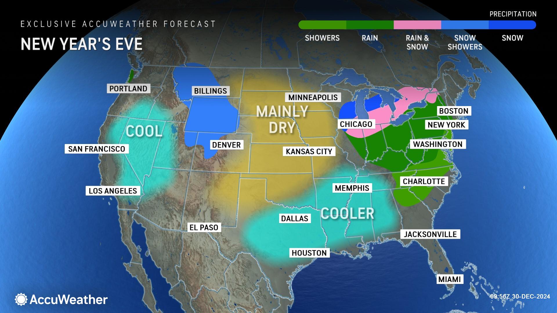 AccuWeather’s national New Year’s Eve forecast predicts a wet holiday for much of the eastern US. Cool and dry conditions are expected in the West