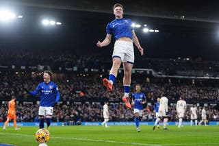 Liam Delap celebrates scoring in Ipswich’s 2-0 win over Chelsea