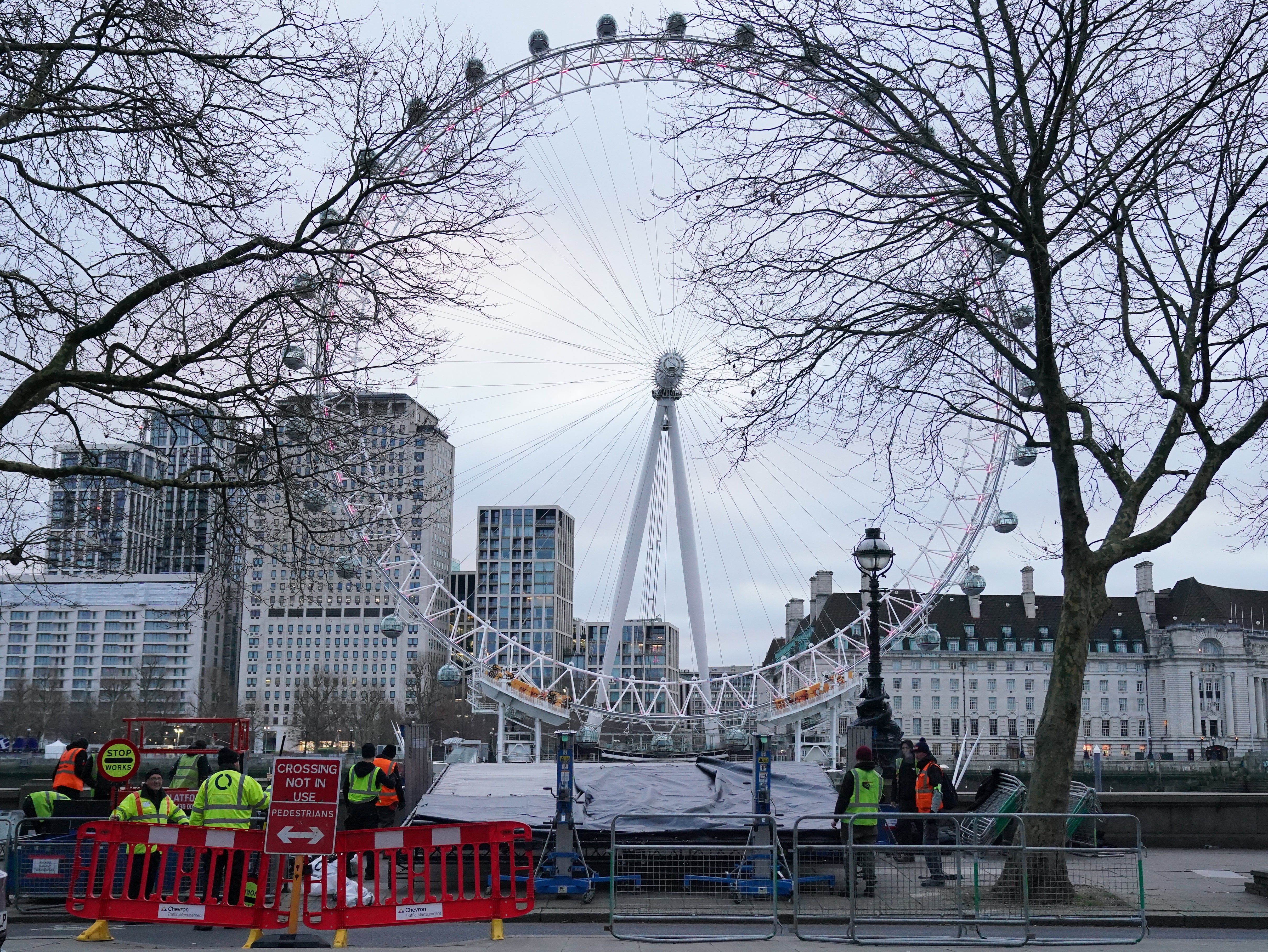 Preparations continue for the New Year’s Eve fireworks display in central London (Jonathan Brady/PA)