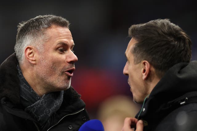 <p>Jamie Carragher (left) with Sky Sports colleague Gary Neville</p>