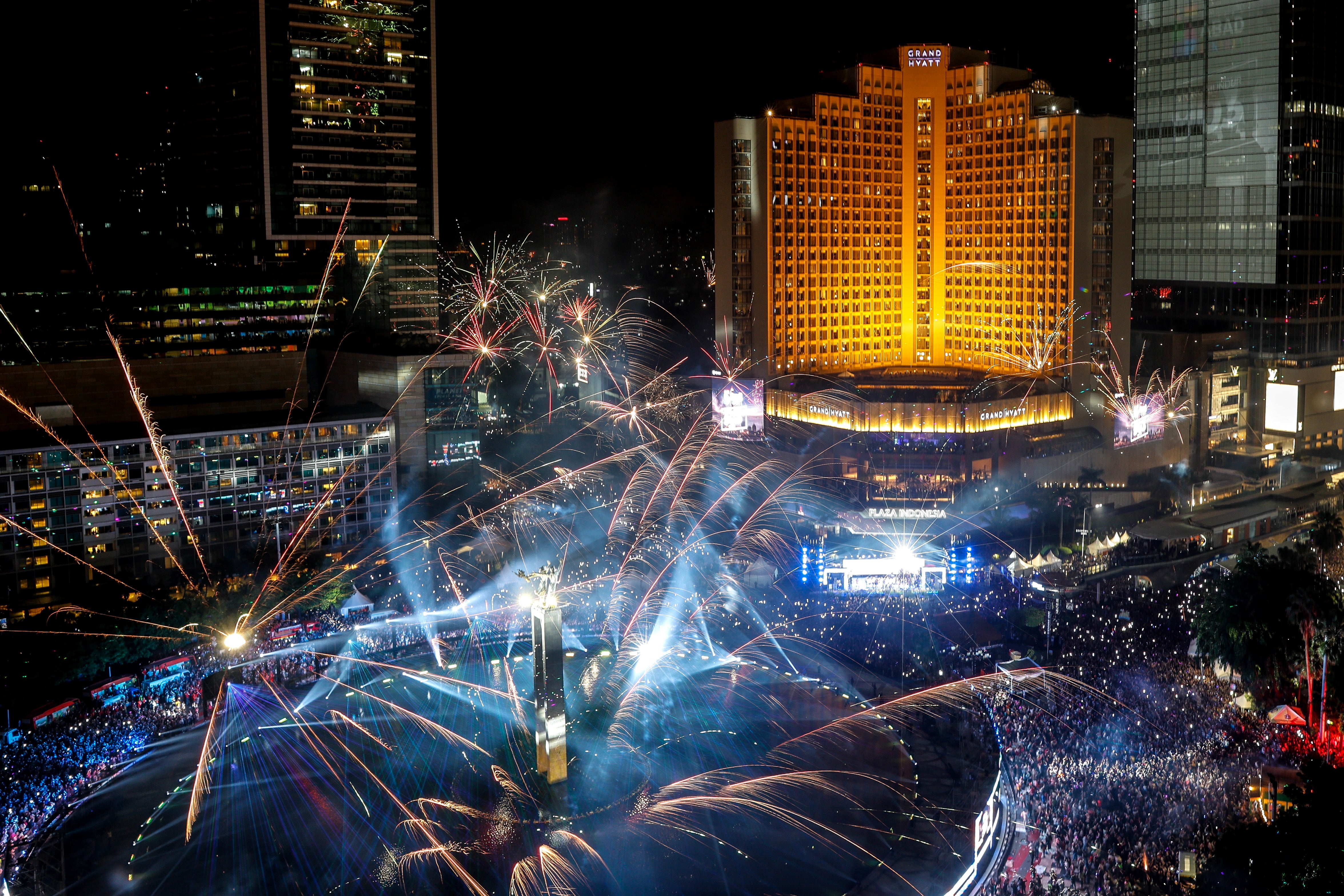 People gathered for festivities outside the Bundaran Hotel in Jakarta