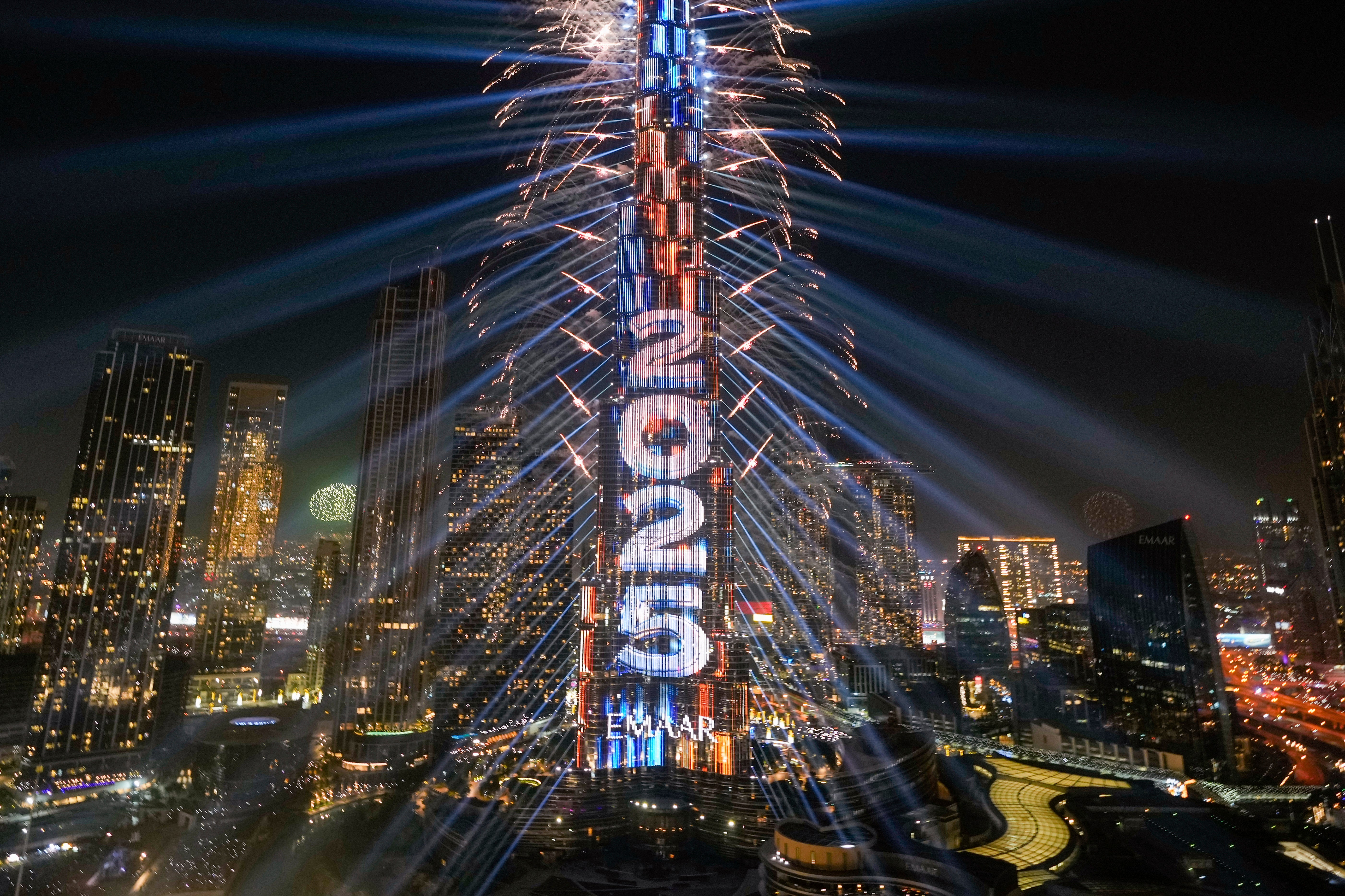 Fireworks explode at the Burj Khalifa, the world's tallest building