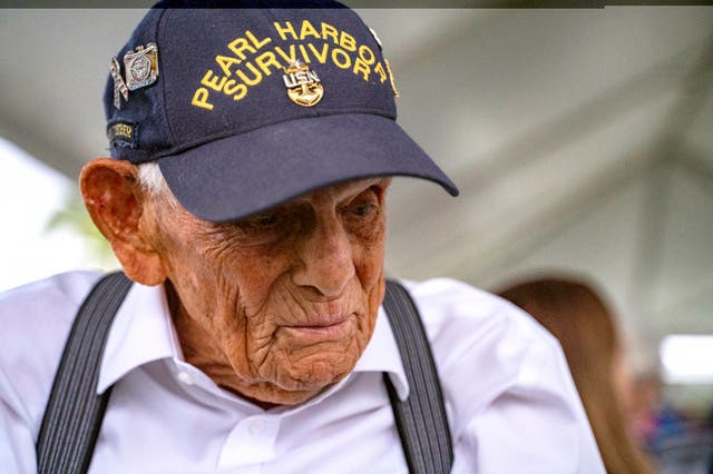 <p>Pearl Harbor survivor Harry Chandler, 102, of Tequesta, Fla., speaks to the media during the 82nd Pearl Harbor Remembrance Day ceremony on Dec. 7, 2023, at Pearl Harbor in Honolulu</p>