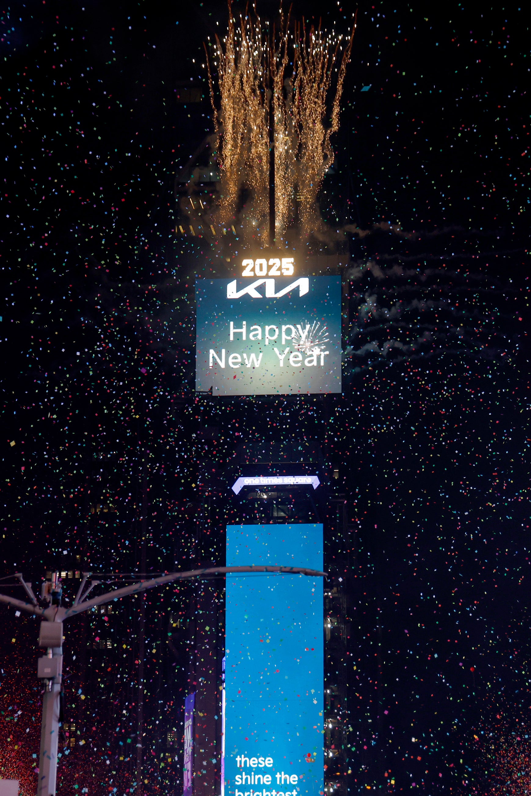 A view of the Ball Dropping during Times Square New Year's Eve 2025 Celebration on December 31, 2024 in New York City