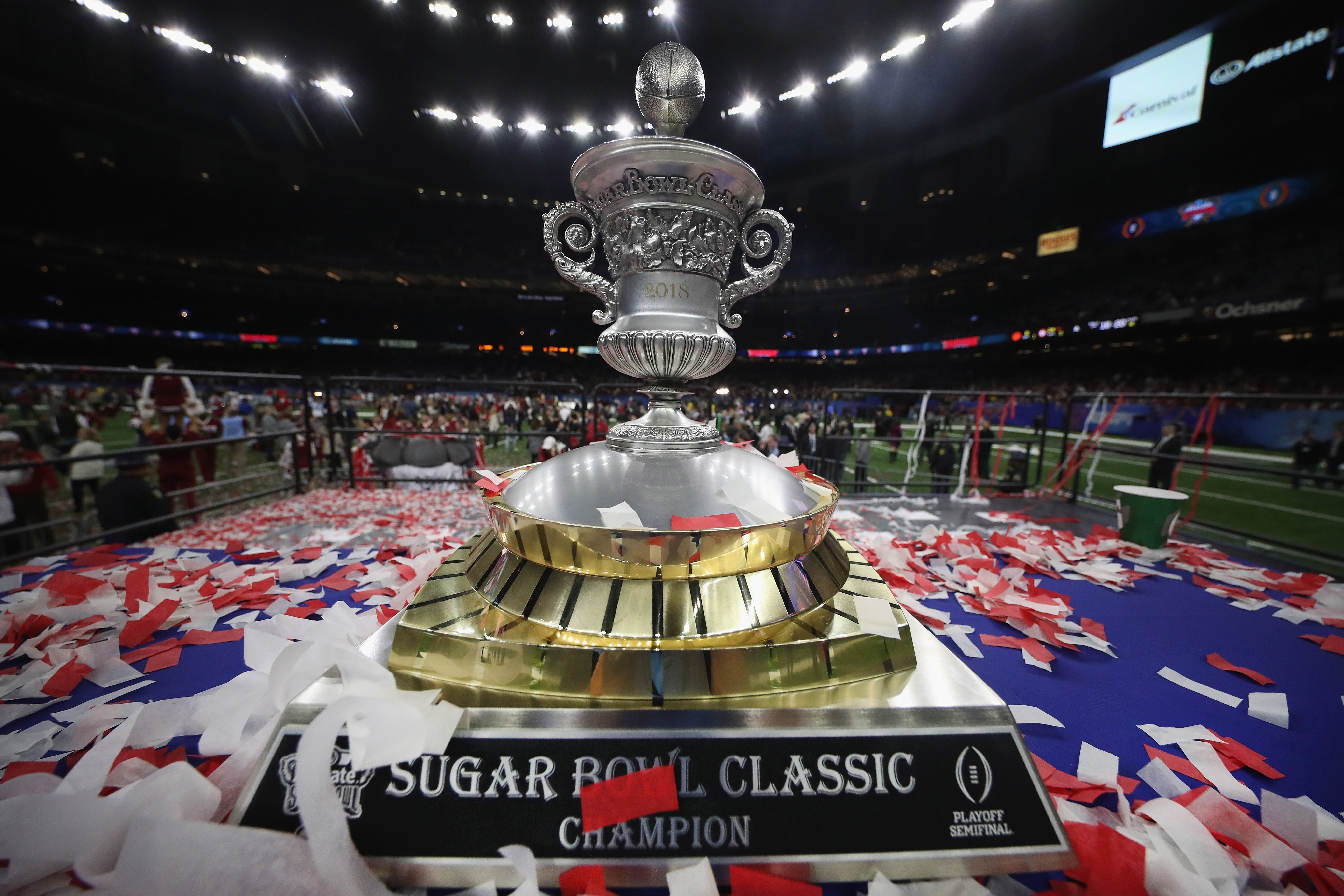 <p>The Sugar Bowl Classic trophy is seen after the Alabama Crimson Tide beat the Clemson Tigers at the Mercedes-Benz Superdome on January 1, 2018 in New Orleans,</p>