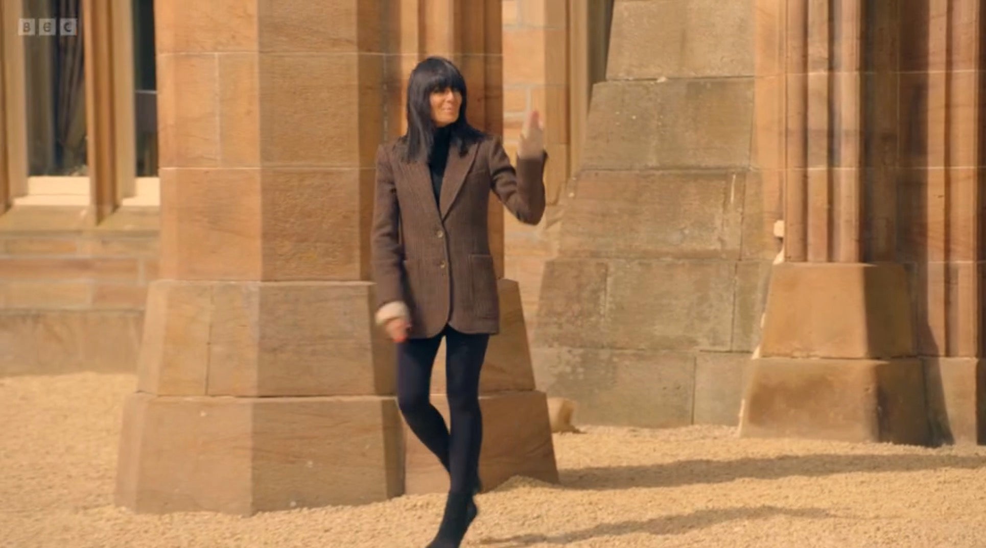 A classic Winkleman look, featuring a tweed blazer, black leggings and ankle boots