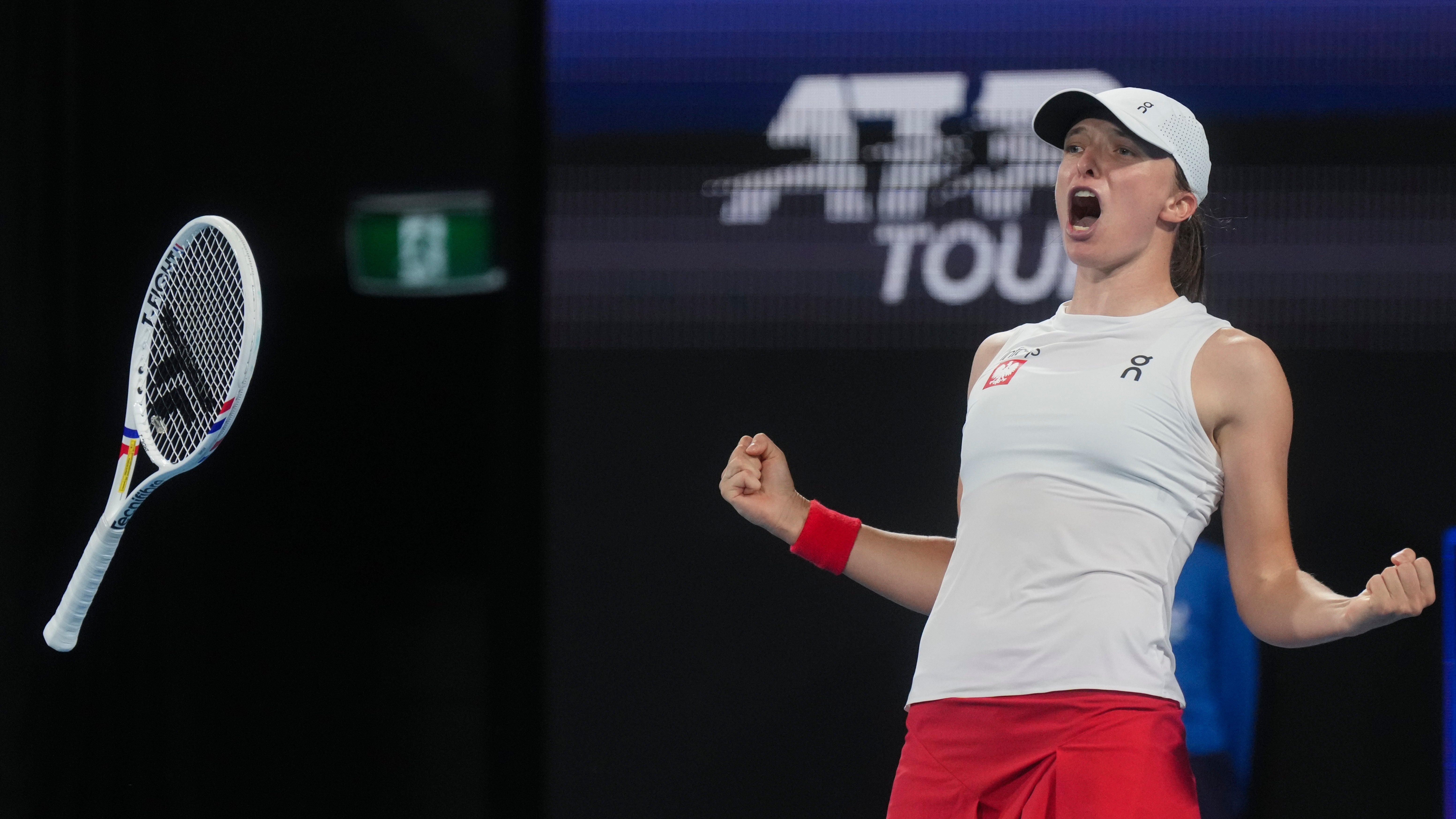 Poland’s Iga Swiatek celebrates her United Cup victory over Great Britain’s Katie Boulter