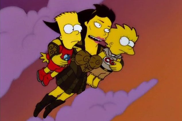 Old yellow: Lawless flies off with Bart and Lisa Simpson in a 1999 episode of ‘The Simpsons’