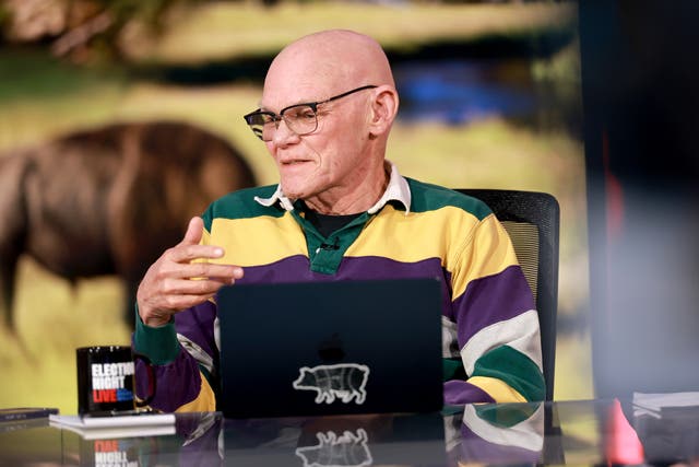 <p>James Carville speaks onstage during Election Night Live With Brian Williams at Amazon Studios on November 05, 2024 in Culver City, California</p>