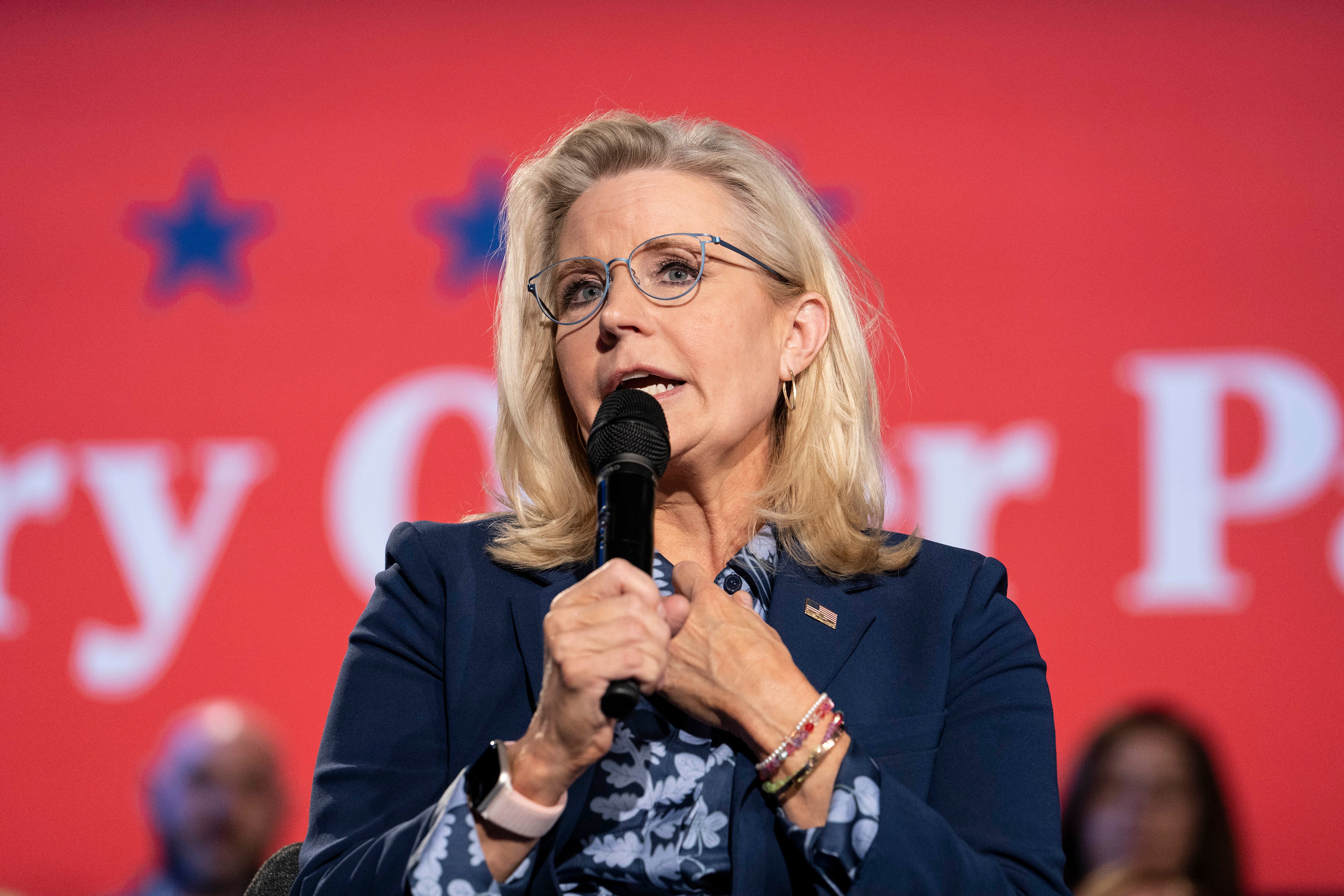 Former U.S. Rep. Liz Cheney (R-WY) speaks at a town hall with Democratic presidential nominee, Vice President Kamala Harris, at the Royal Oak Music Theatre on October 21, 2024 in Royal Oak, Michigan. She will receive the Presidential Citizens Medal Thursday evening