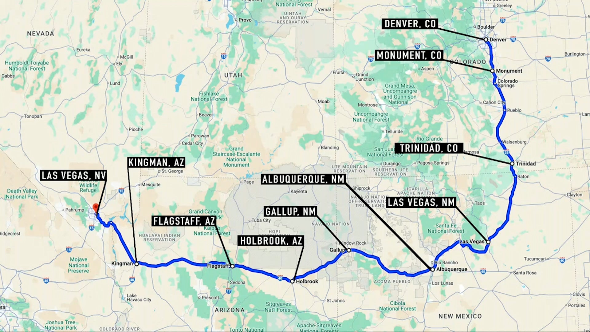 LVMPD have released a map showing Livelsberger’s route from Colorado down to Las Vegas