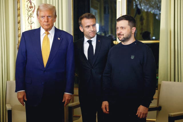 <p>France’s President Emmanuel Macron (C), US President Donald Trump (L) and Ukraine’s President Volodymyr Zelensky </p>