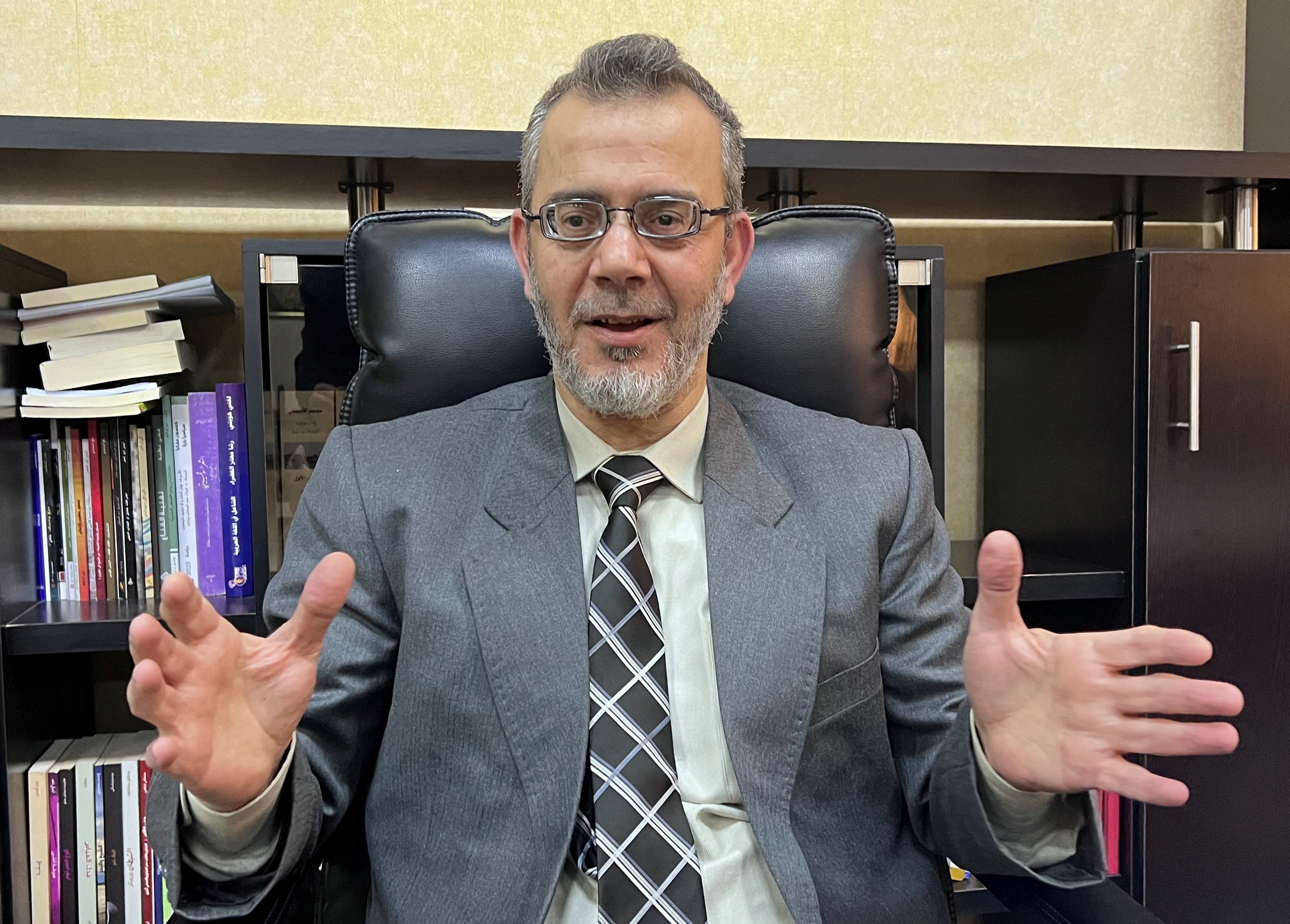 <p>Syria’s new education minister Nazir Mohammad al-Qadri during an interview with Reuters in Damascus</p>