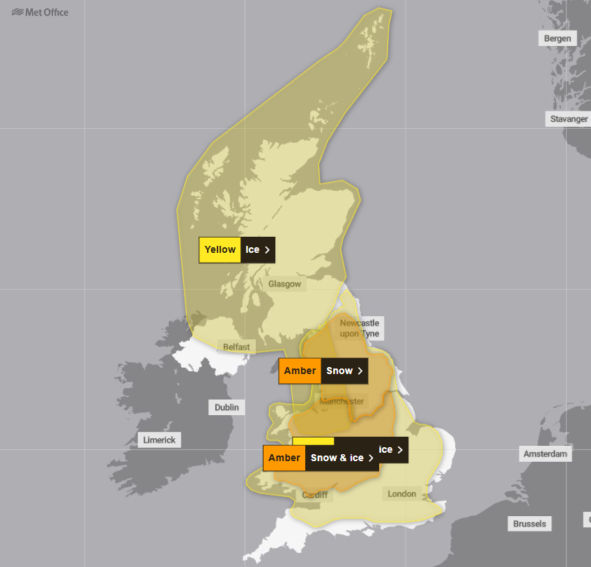 The Met Office weather warning map shows four warnings in place for Saturday