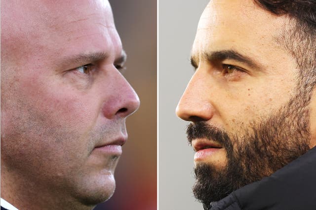 <p>Liverpool coach Arne Slot (left) and Ruben Amorim of Manchester United</p>