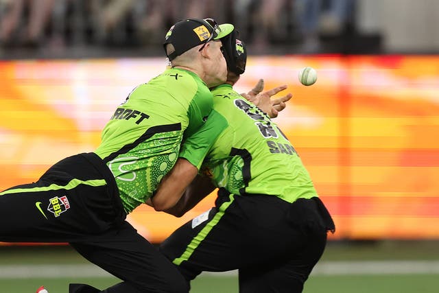 <p>Cameron Bancroft (left) and teammate Daniel Sams collided heavily</p>