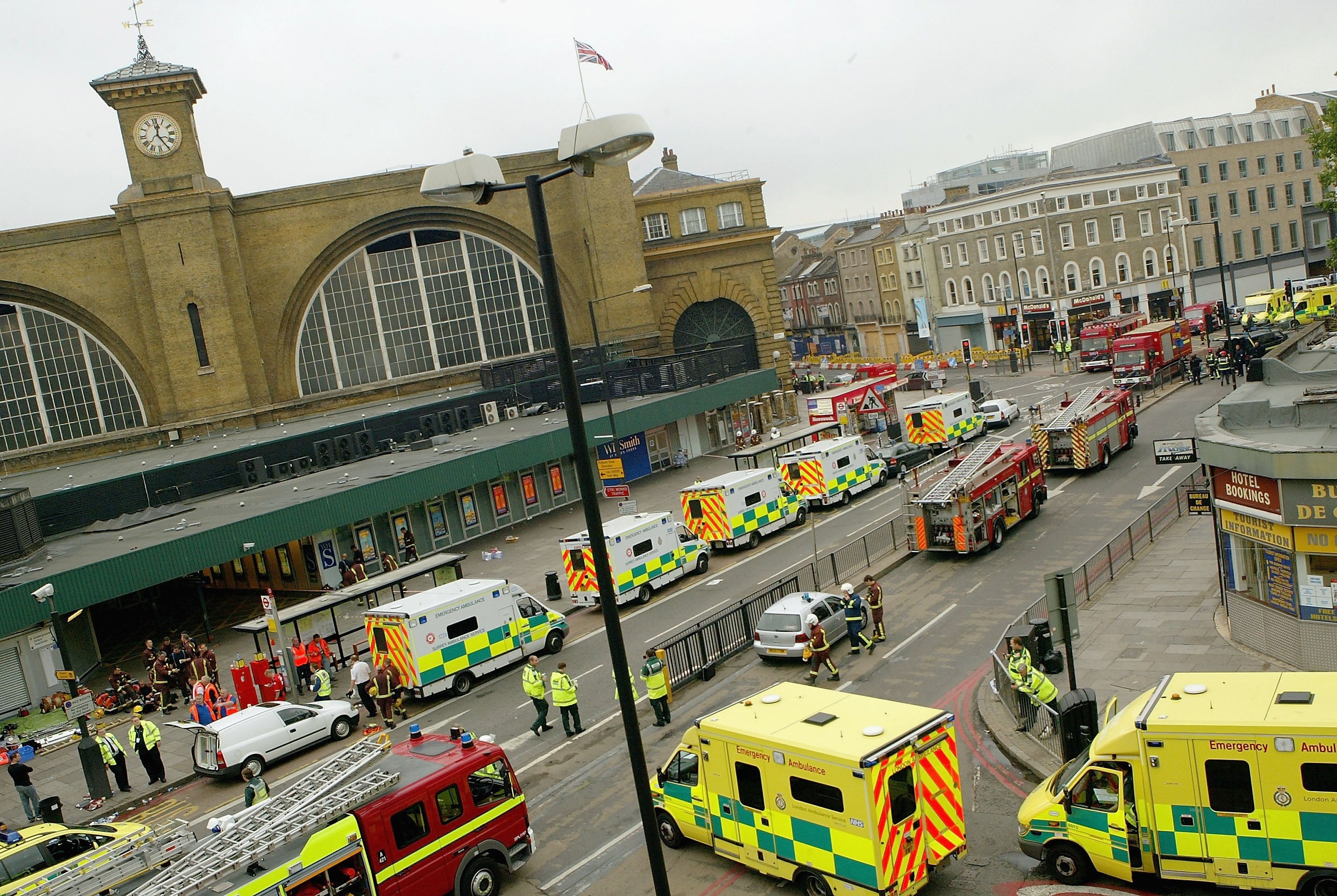 Emergency services outside King’s Cross station following one of the explosions