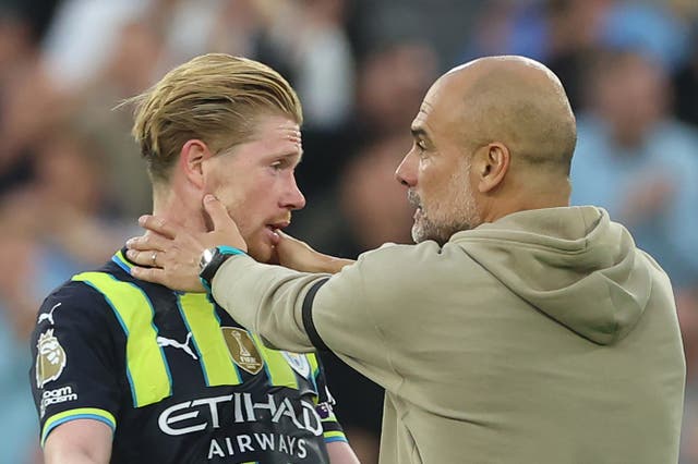 <p>Pep Guardiola (right) with Kevin De Bruyne, one of his most influential Man City players</p>