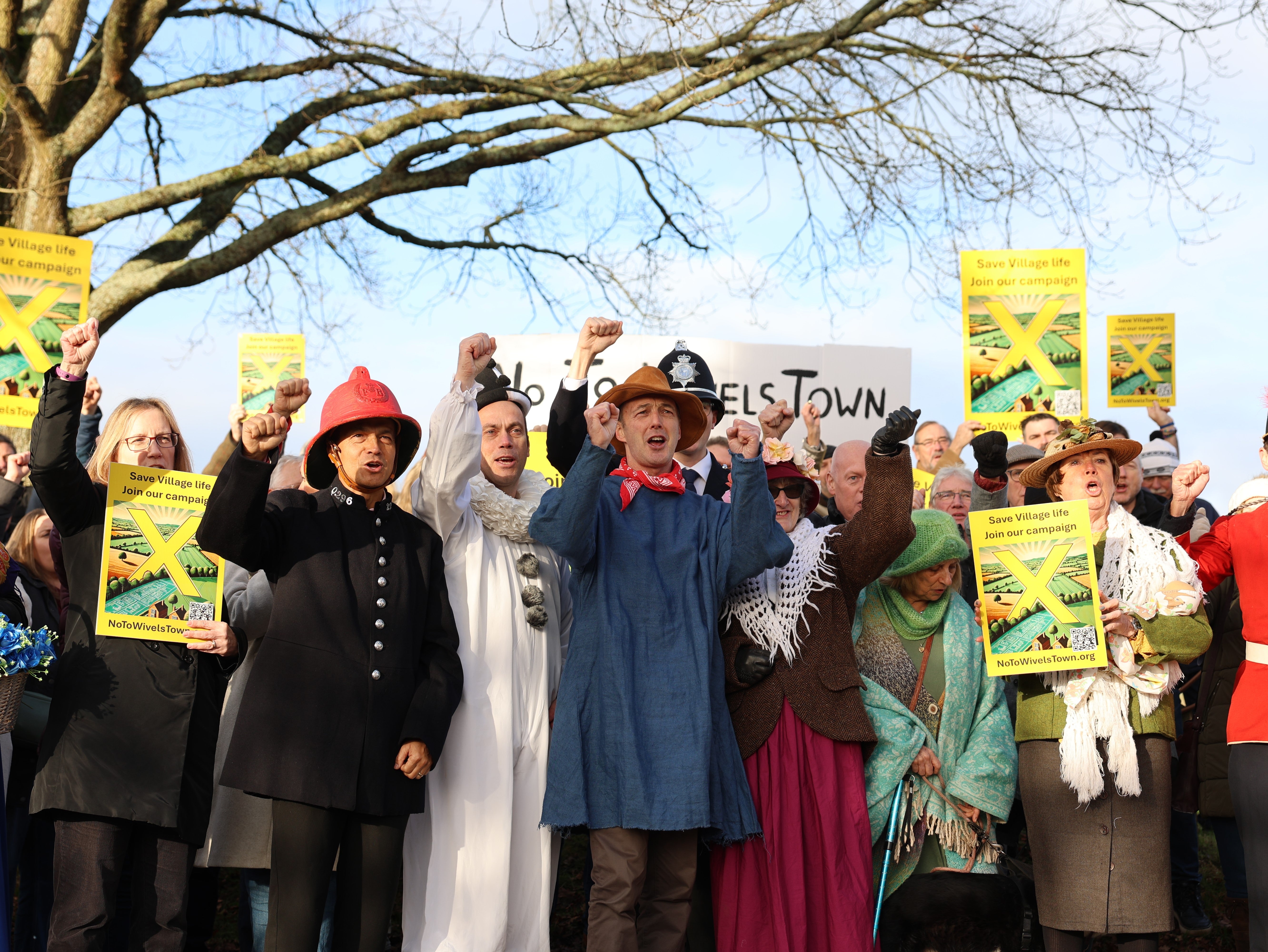 No To WivelsTown campaigners dressed up as characters from Camberwick Green to make the case to “save village life”. (No To WivelsTown/PA)