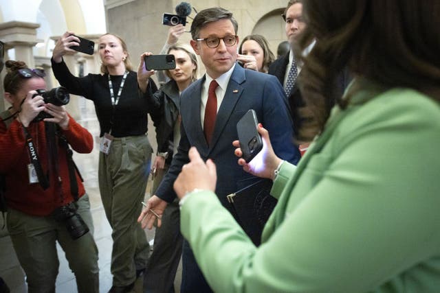 <p>U.S. Speaker of the House Mike Johnson (R-LA) talks with members of the media while walking to his office on January 03, 2025 in Washington, DC</p>