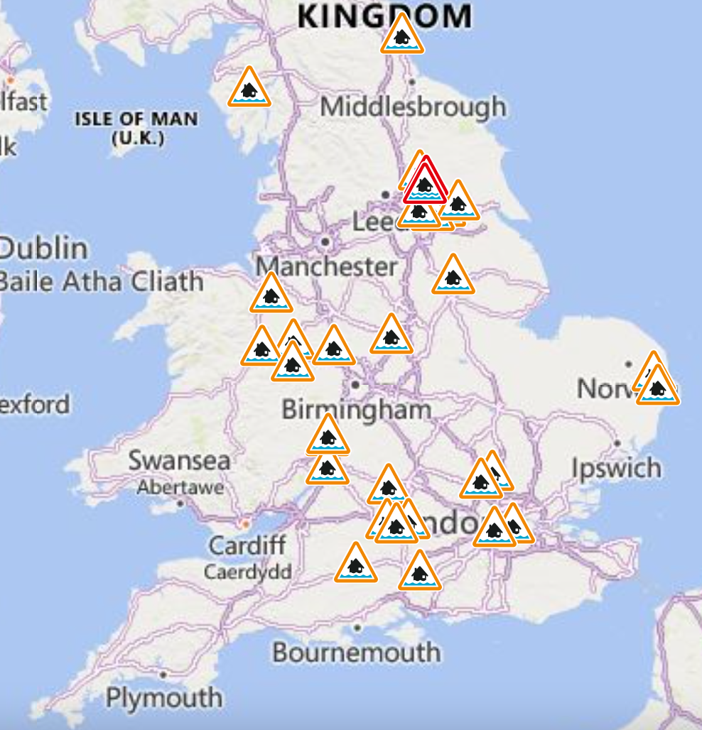 Flood warnings (red) and alerts (orange) remain in place across England