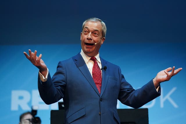 <p>Reform UK leader Nigel Farage speaking during the Reform UK East Midlands Conference at the Athena Events Venue in Leicester (Jacob King/PA)</p>