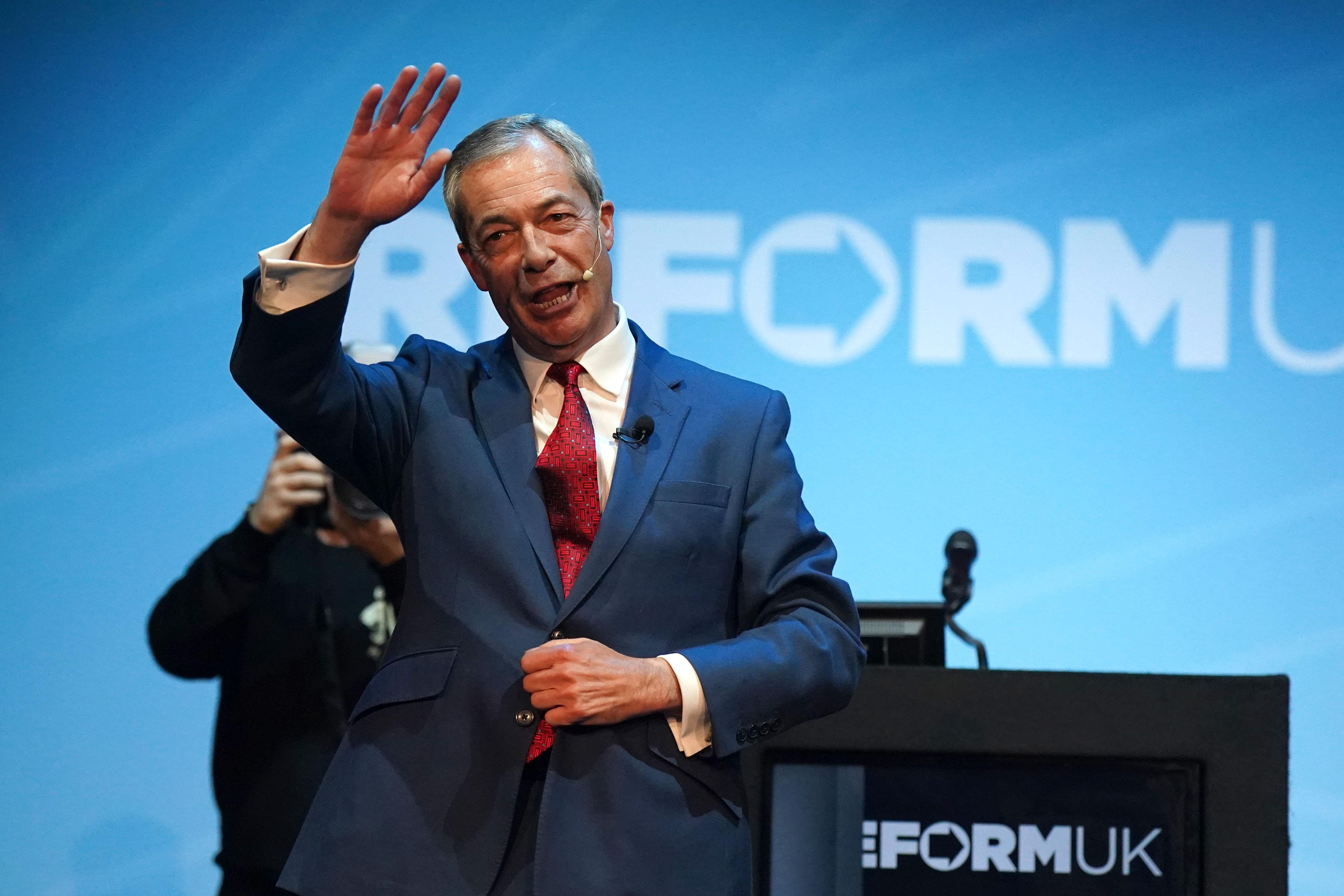 Reform UK leader Nigel Farage at his party’s East Midlands Conference, Leicester, on Friday (Jacob King/PA)