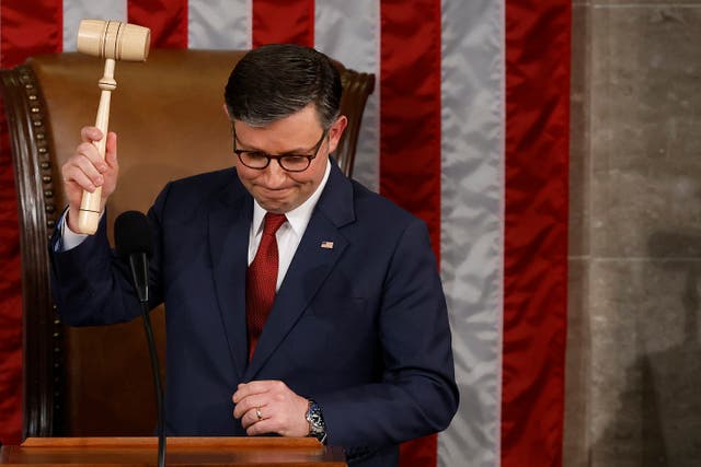 <p>Speaker of the House Mike Johnson (R-LA) holds up the gavel after being re-elected Speaker on the first day of the 119th Congress in the House Chamber of the U.S. Capitol Building on January 03, 2025 in Washington, DC</p>