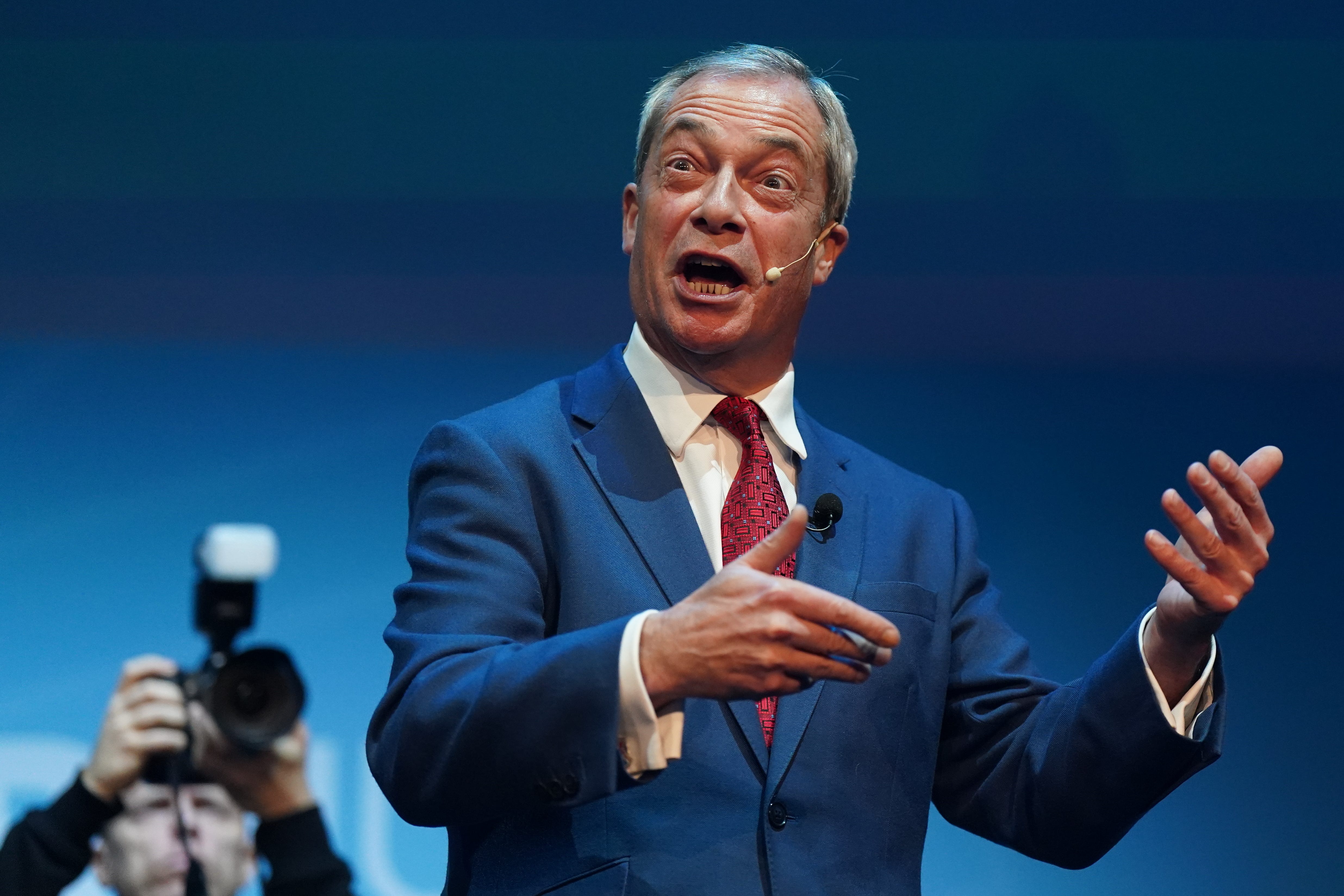 Reform UK leader Nigel Farage speaking to supporters in Leicester (Jacob King/PA)