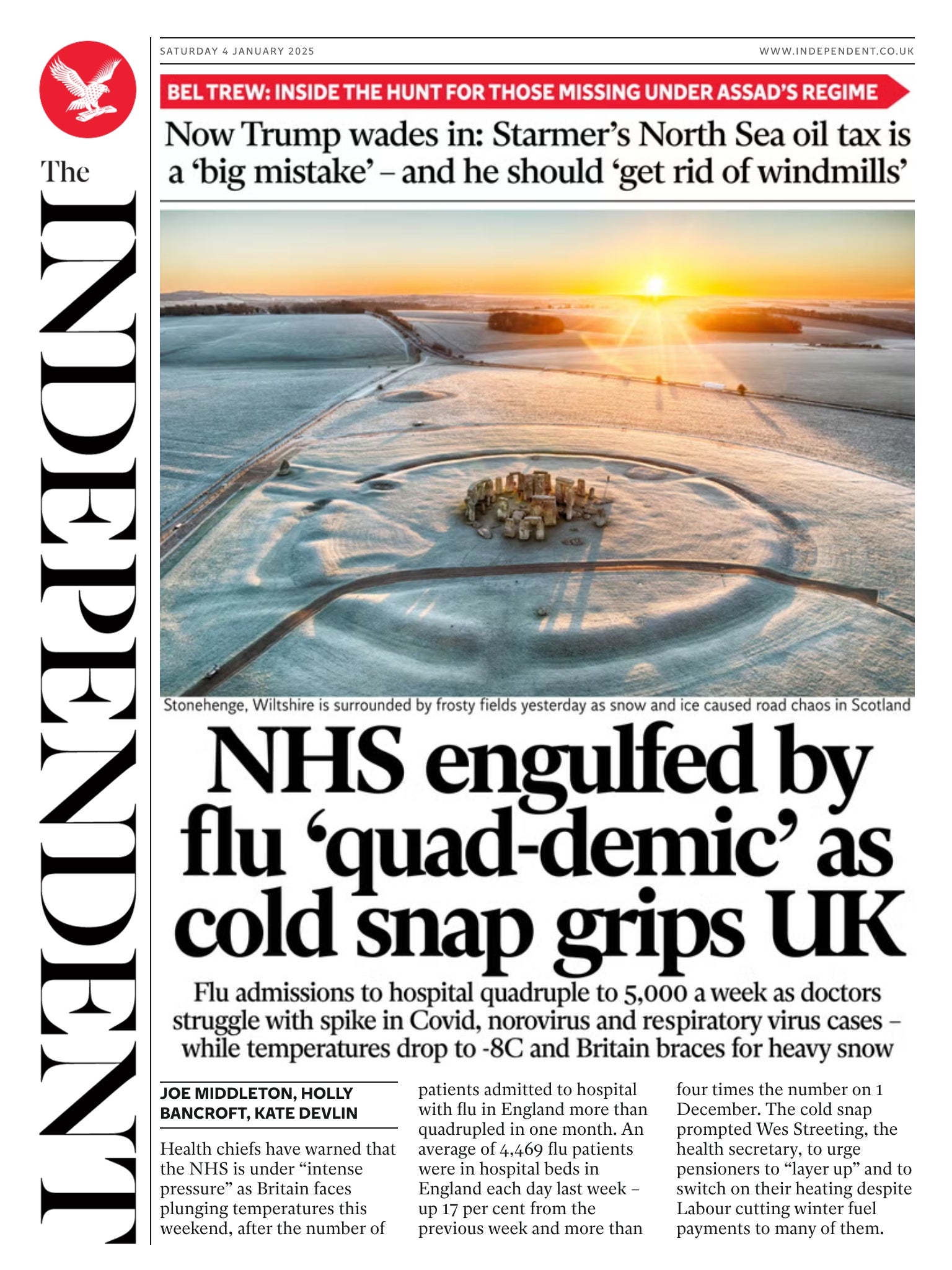 The Independent’s front page on Saturday 4 January