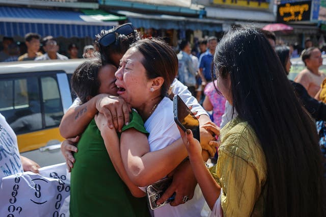 <p>Relatives celebrate with a released prisoner outside Insein prison on Myanmar’s independence day on Saturday 4 January 2025 </p>