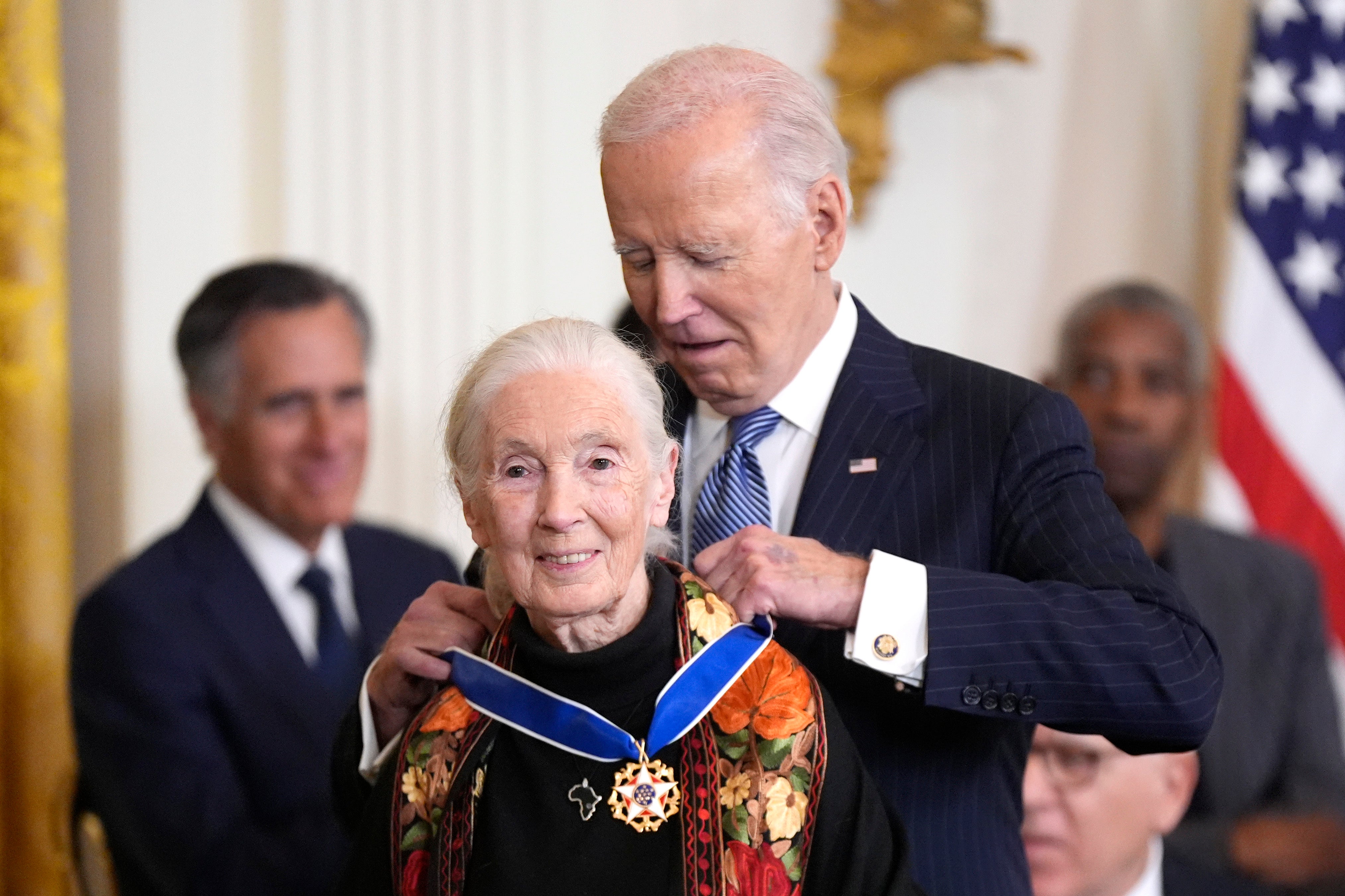 <p>File: Former president Joe Biden, right, presents the Presidential Medal of Freedom, the Nation’s highest civilian honor, to conservationist Jane Goodall in the East Room of the White House, Saturday, Jan. 4, 2025, in Washington</p>