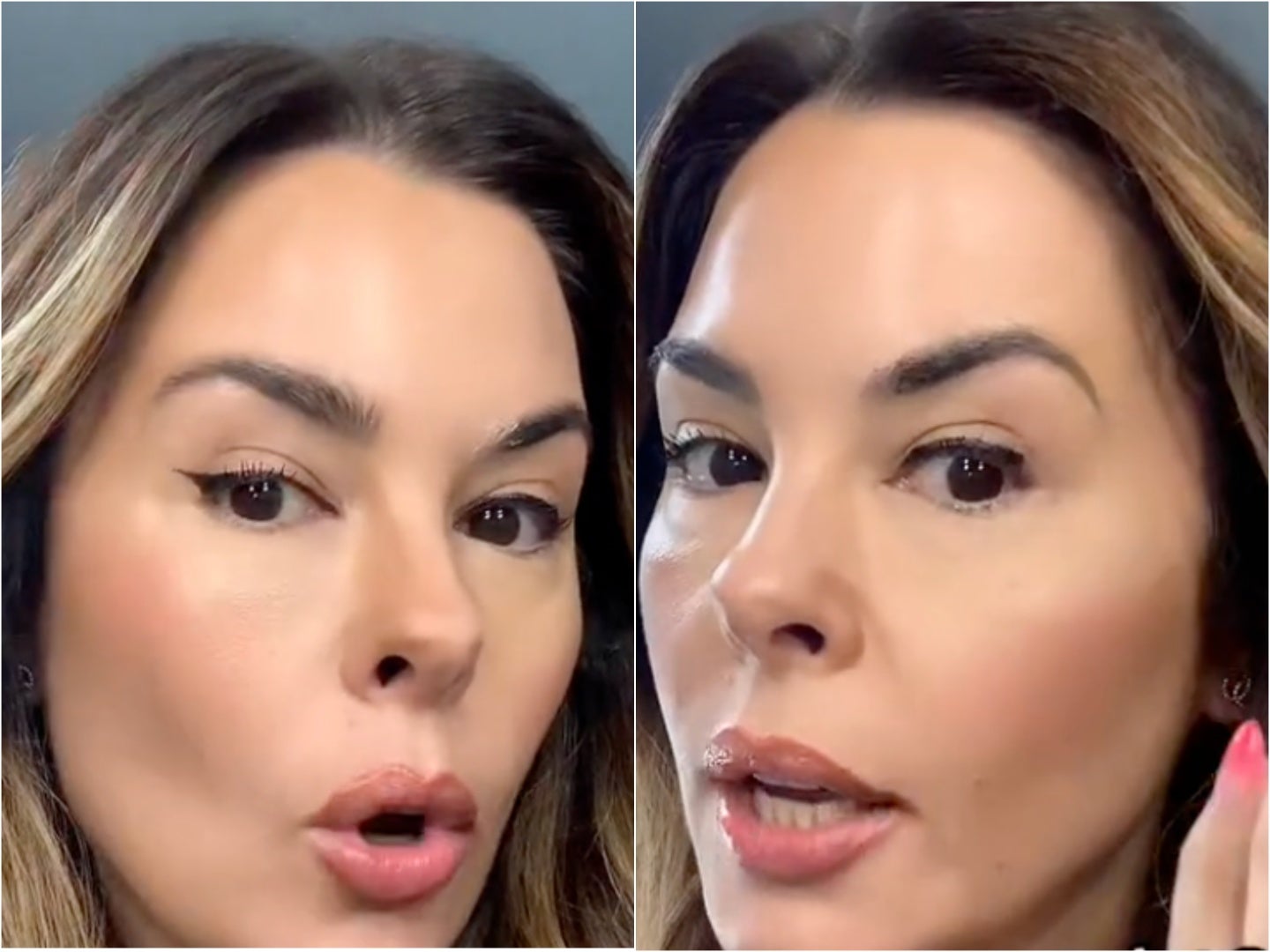 Erica Taylor demonstrates how on the left side her eyebrow ends more upwards — raising the eye upwards. On the right, the arch comes down and brings the face down drooping