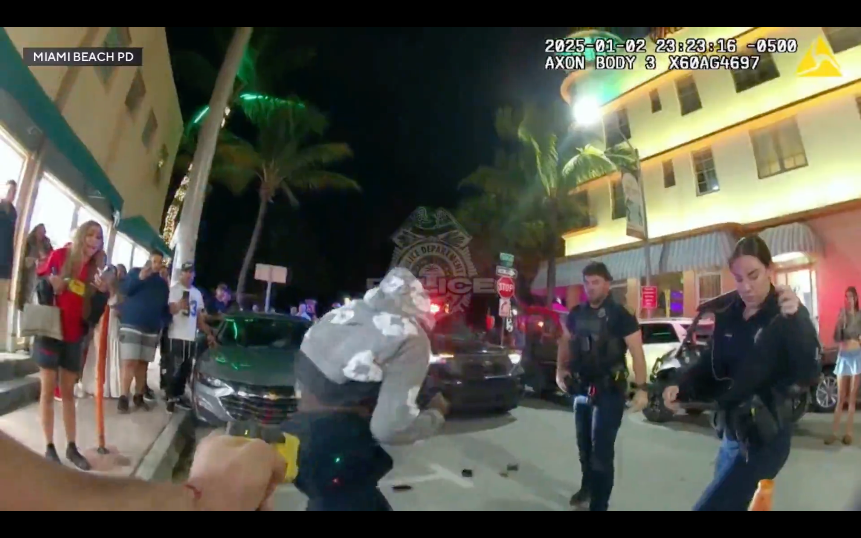 Bodycam footage of Fred Kerley in a confrontation with police in Miami Beach. The Olympian was arrested during the incident