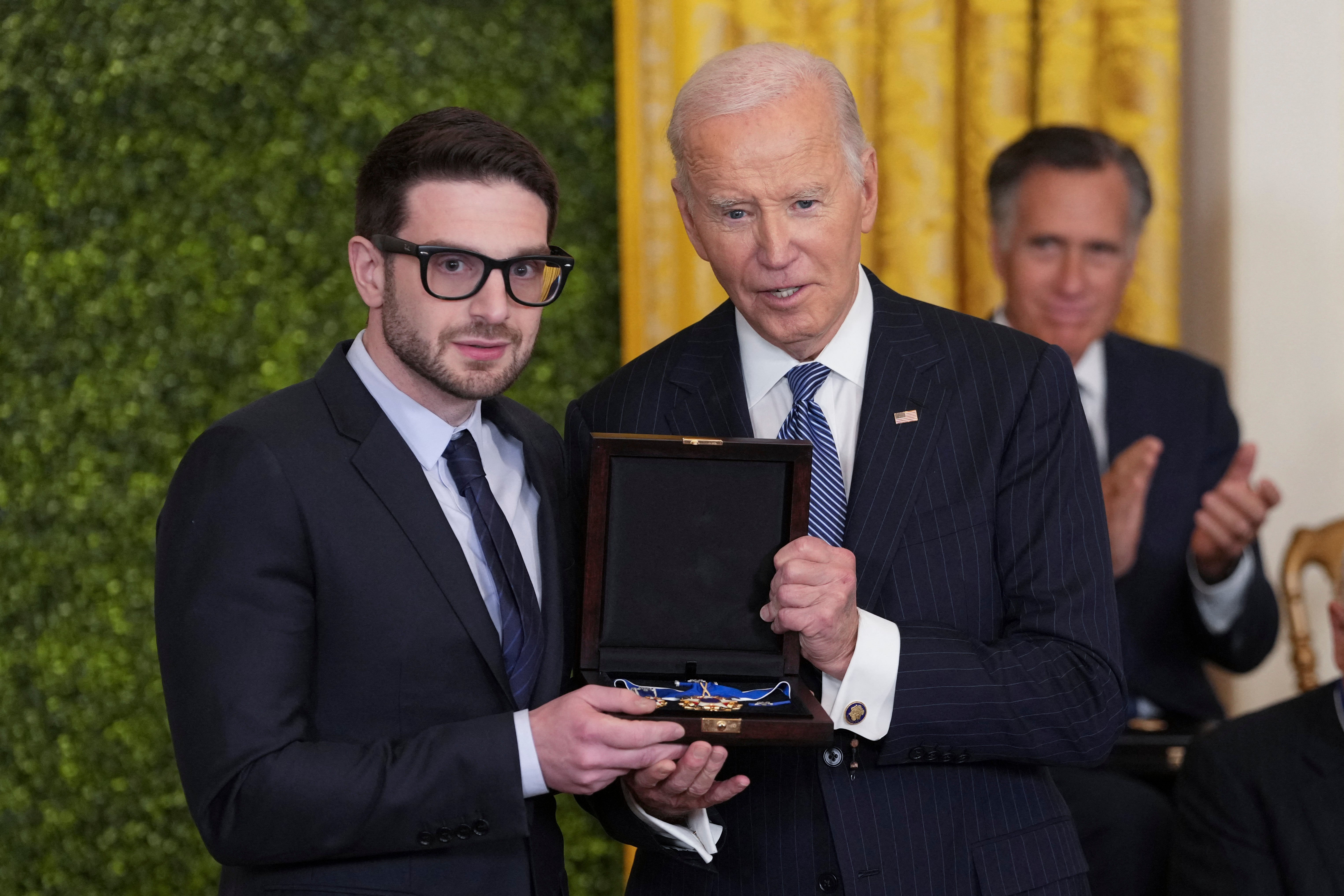 Alexander Soros accepted the medal on behalf of his father at a White House ceremony on Saturday