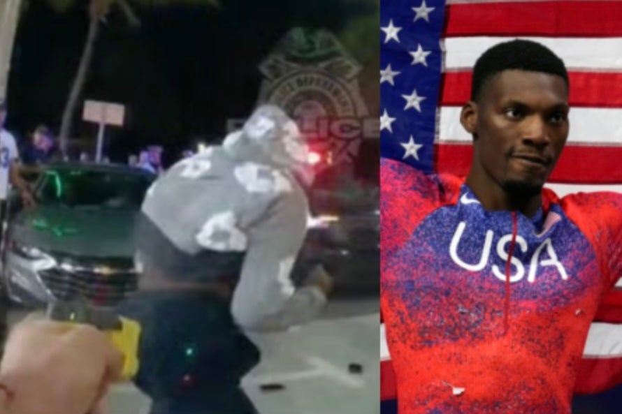 Bodycam footage of Fred Kerley in a confrontation with police in Miami Beach. The Olympian was arrested during the incident