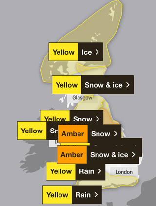 The weather warnings issued by the Met Office for across the UK on Sunday