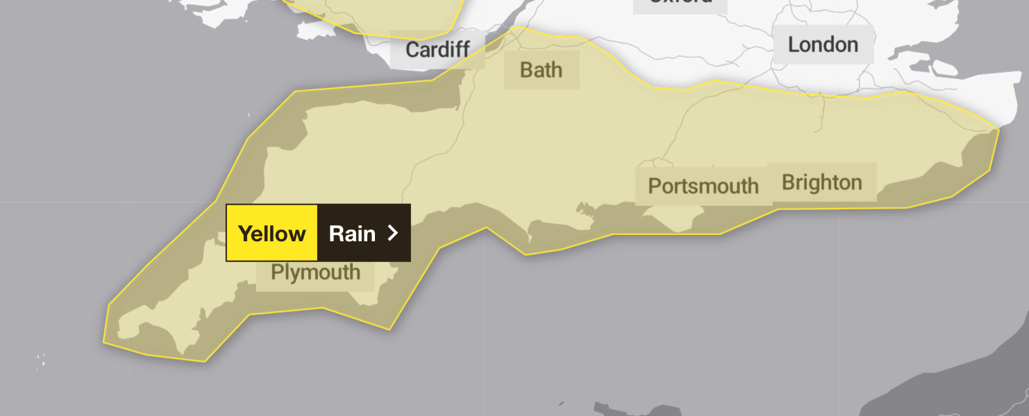 A new yellow weather warning for rain has been issued for southern England on Sunday