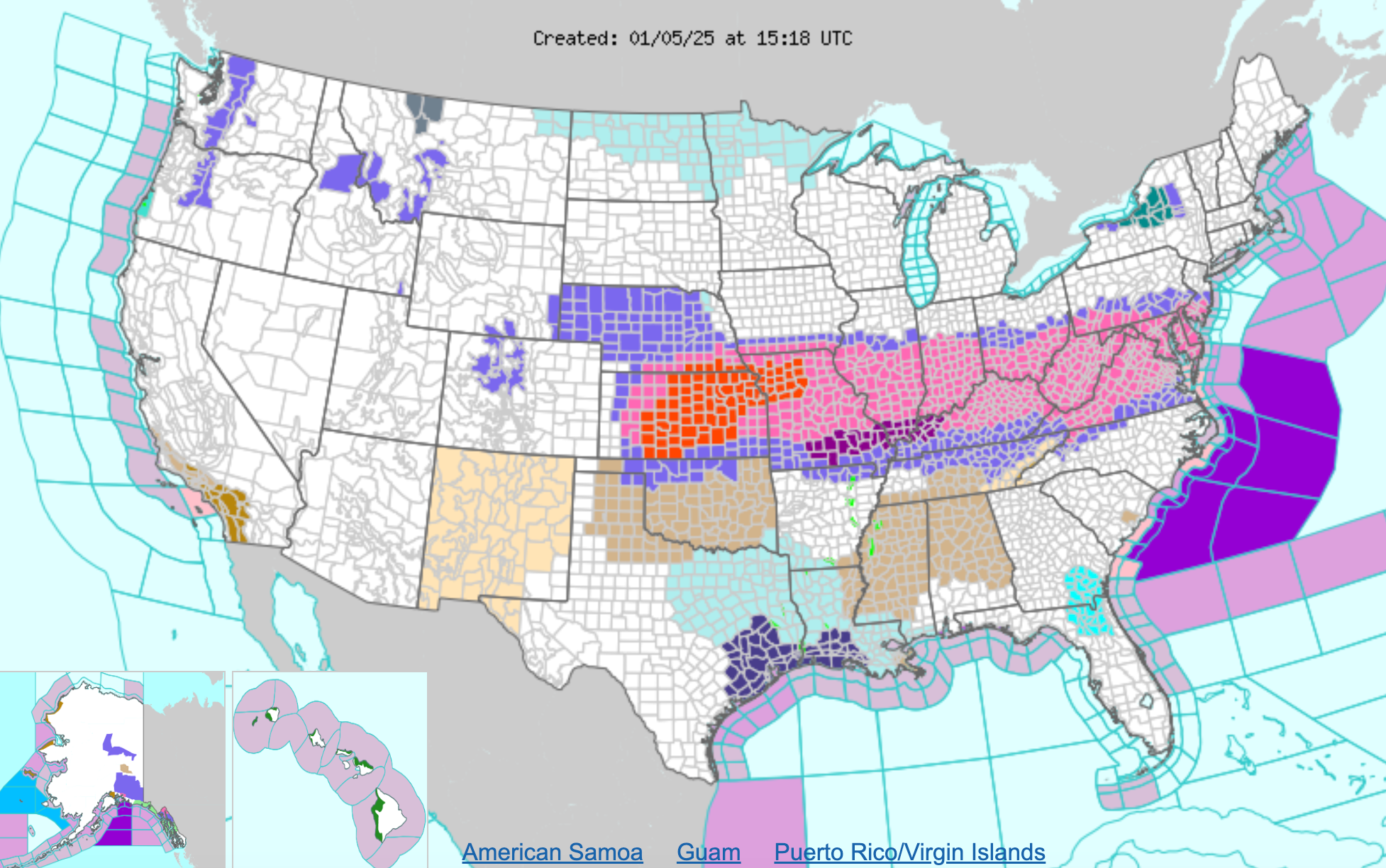 A map issued by the National Weather Service on Saturday morning. Purple, pink and red indicate areas under weather alerts as a storm systems travels across the Central Plains to the mid-Atlantic