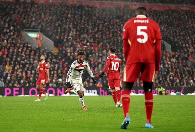 <p>Amad Diallo celebrates after scoring Manchester United’s equaliser</p>